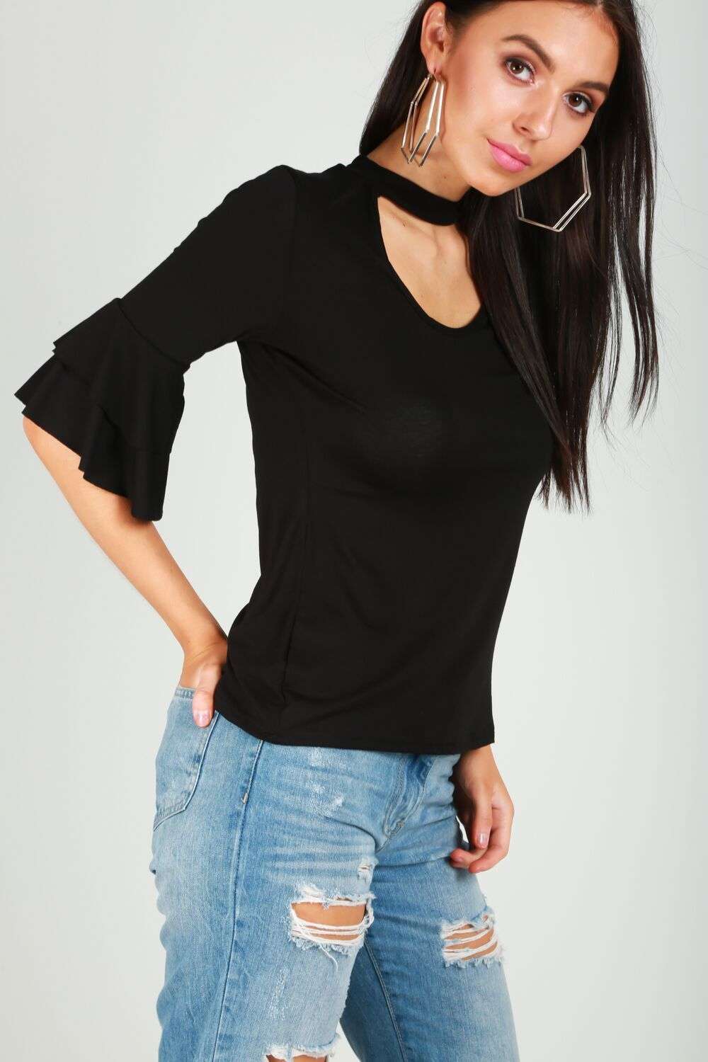 Sienna Choker Neck Jersey Flare Sleeve Top - bejealous-com