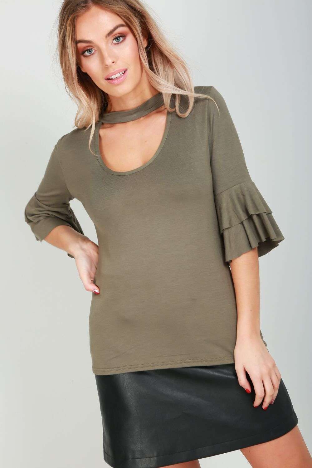 Sienna Choker Neck Jersey Flare Sleeve Top - bejealous-com