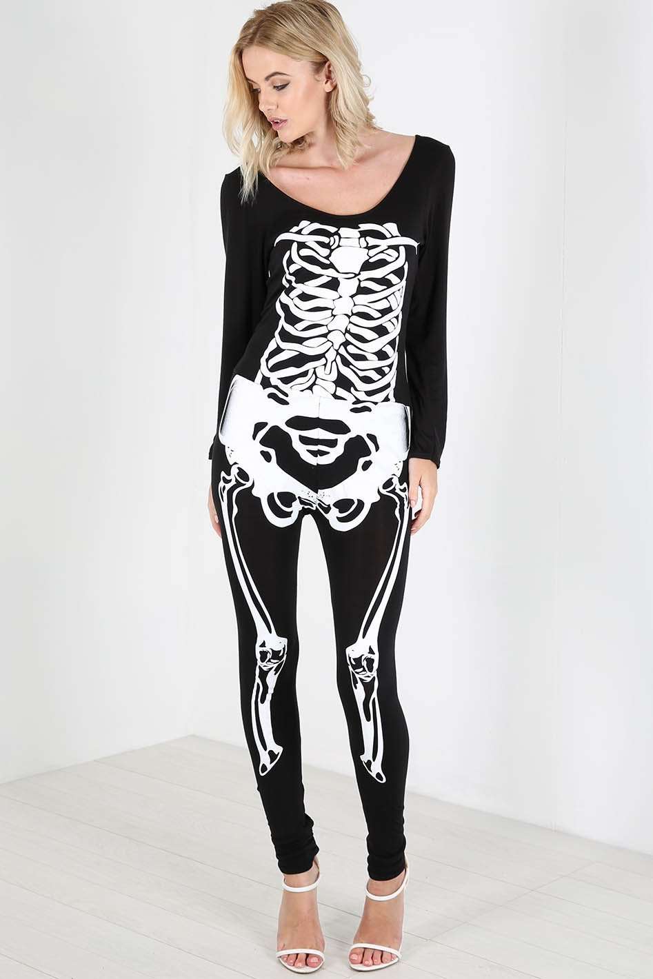 Skeleton Graphic Print Halloween Jumpsuit - bejealous-com