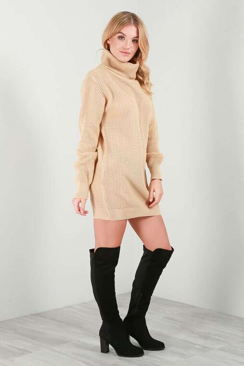 Long Sleeve Turtle Neck Knitted Dress - bejealous-com