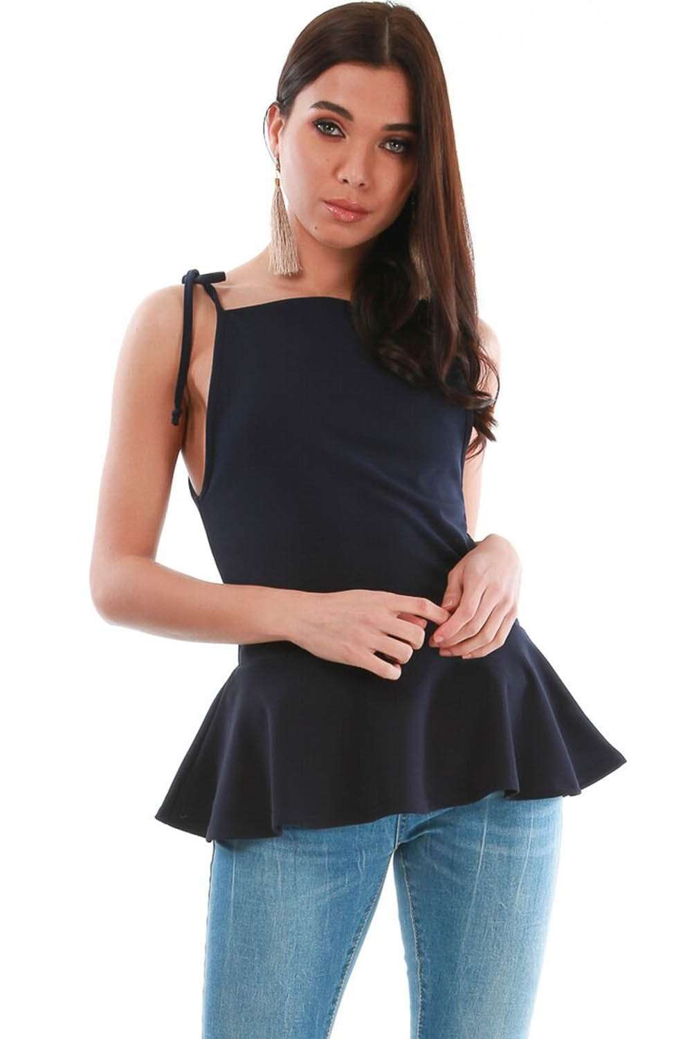 Strappy Coral Square Tie Neck Peplum Frill Top - bejealous-com