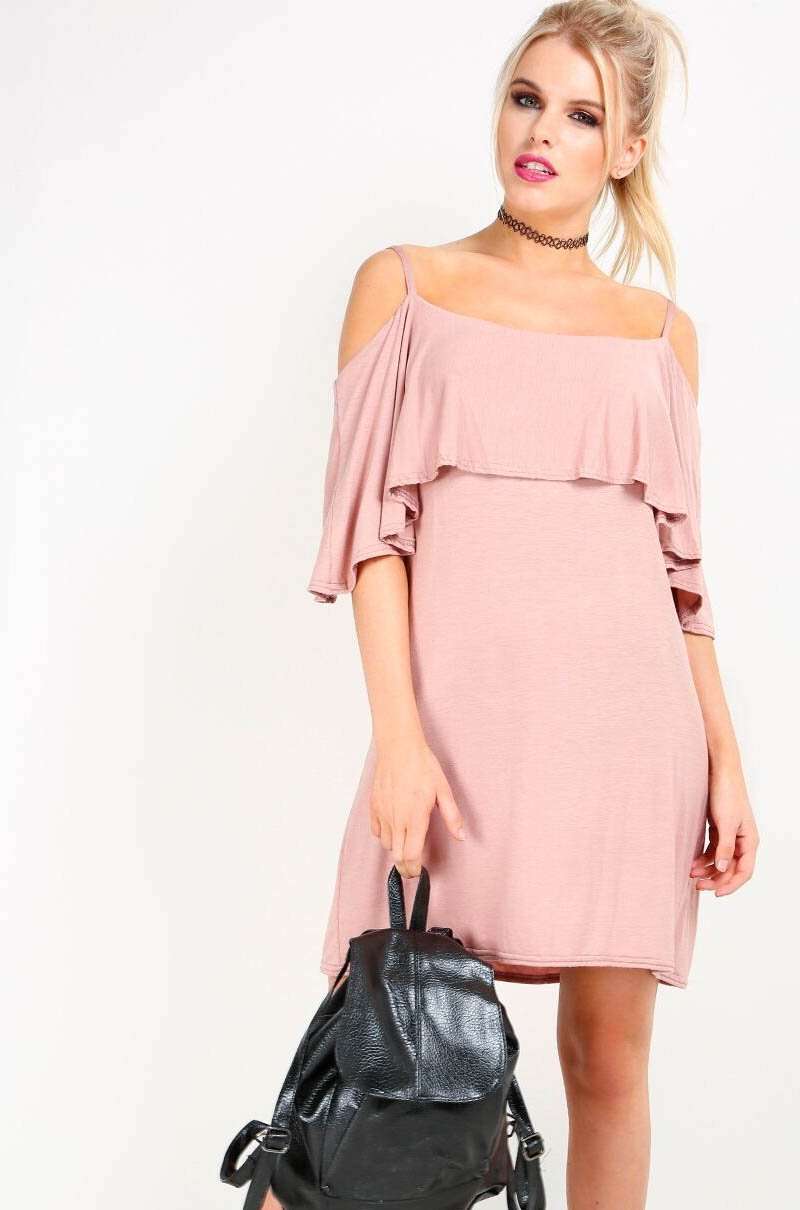Strappy Frill Cold Shoulder Jersey Swing Dress - bejealous-com