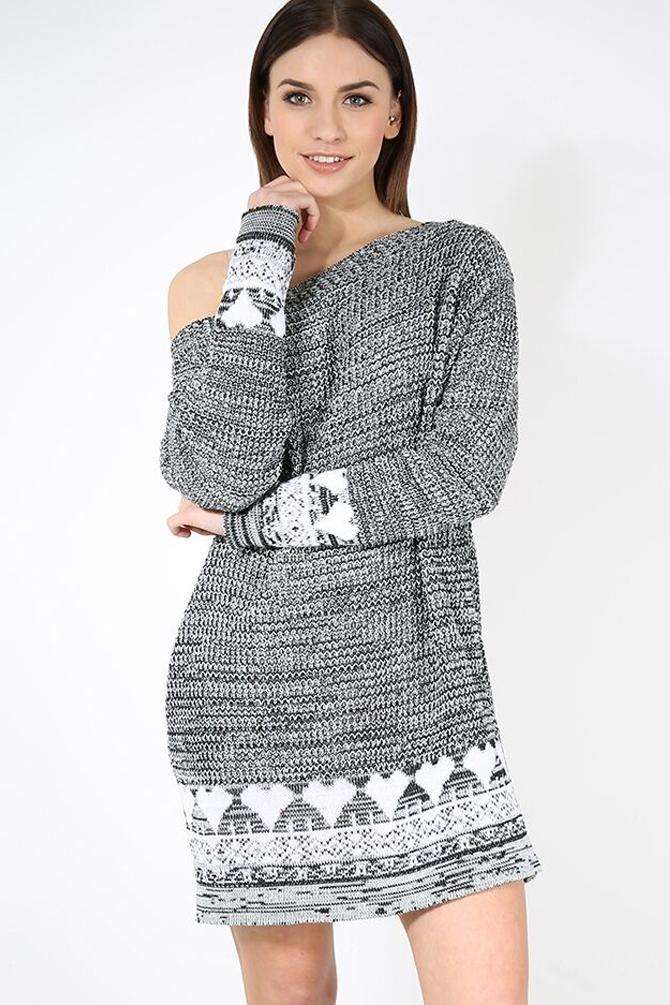Taliah Aztec Oversized Bardot Knitted Jumper Dress - bejealous-com