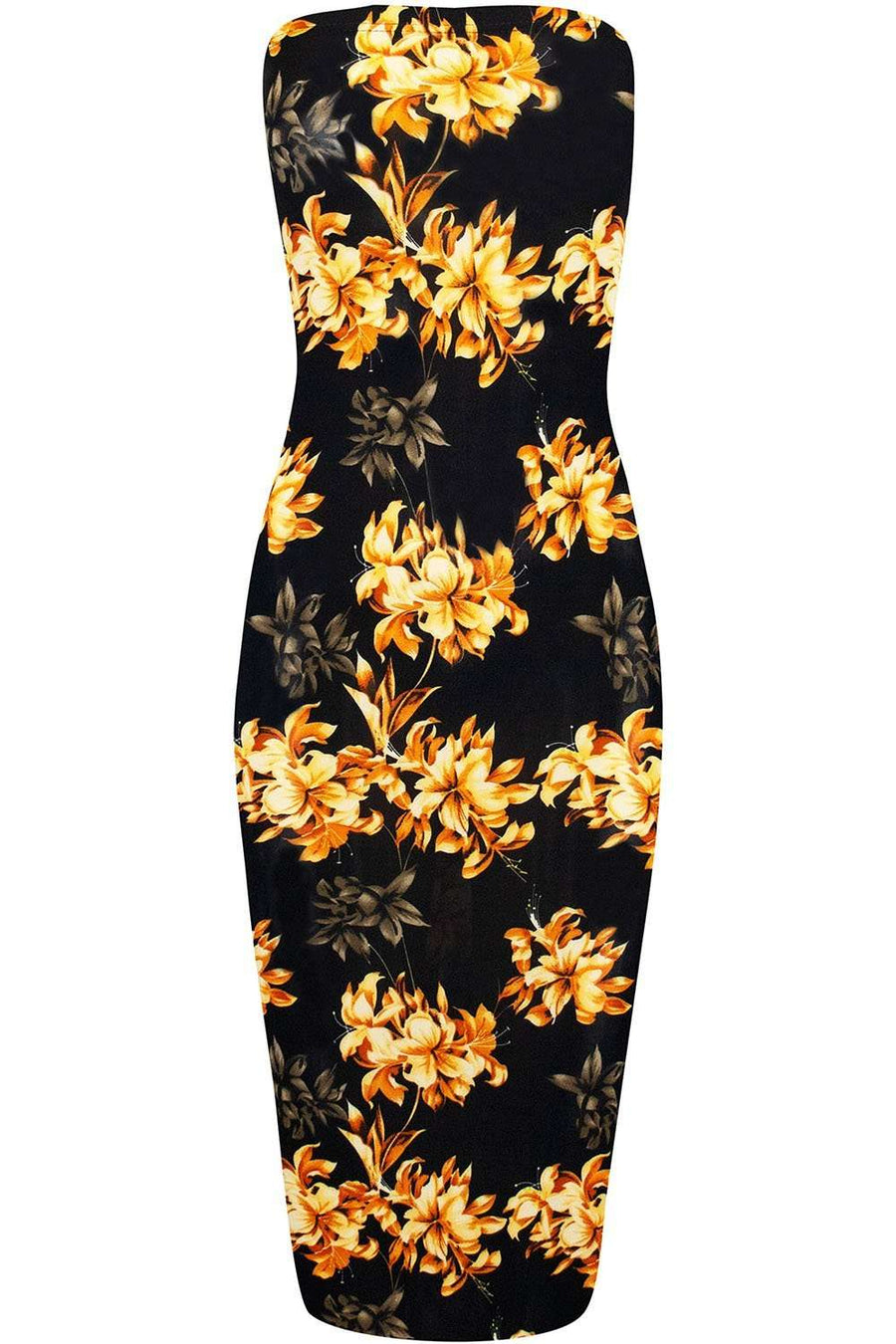 Tropical Print Bandeau Yellow Floral Midi Tube Dress - bejealous-com