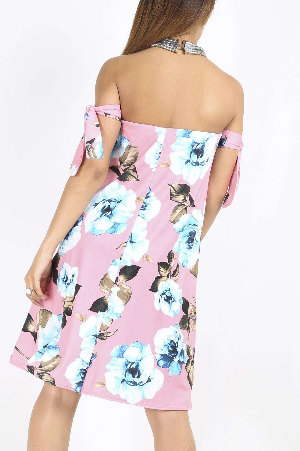 Violet Off Shoulder Floral Tie Sleeve Swing Dress - bejealous-com
