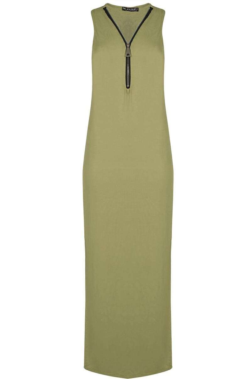 Zip Plunge Neck Grey Side Split Jersey Maxi Dress - bejealous-com