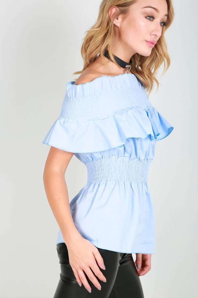 Zoe Sky Blue Bardot Frilly Top - bejealous-com