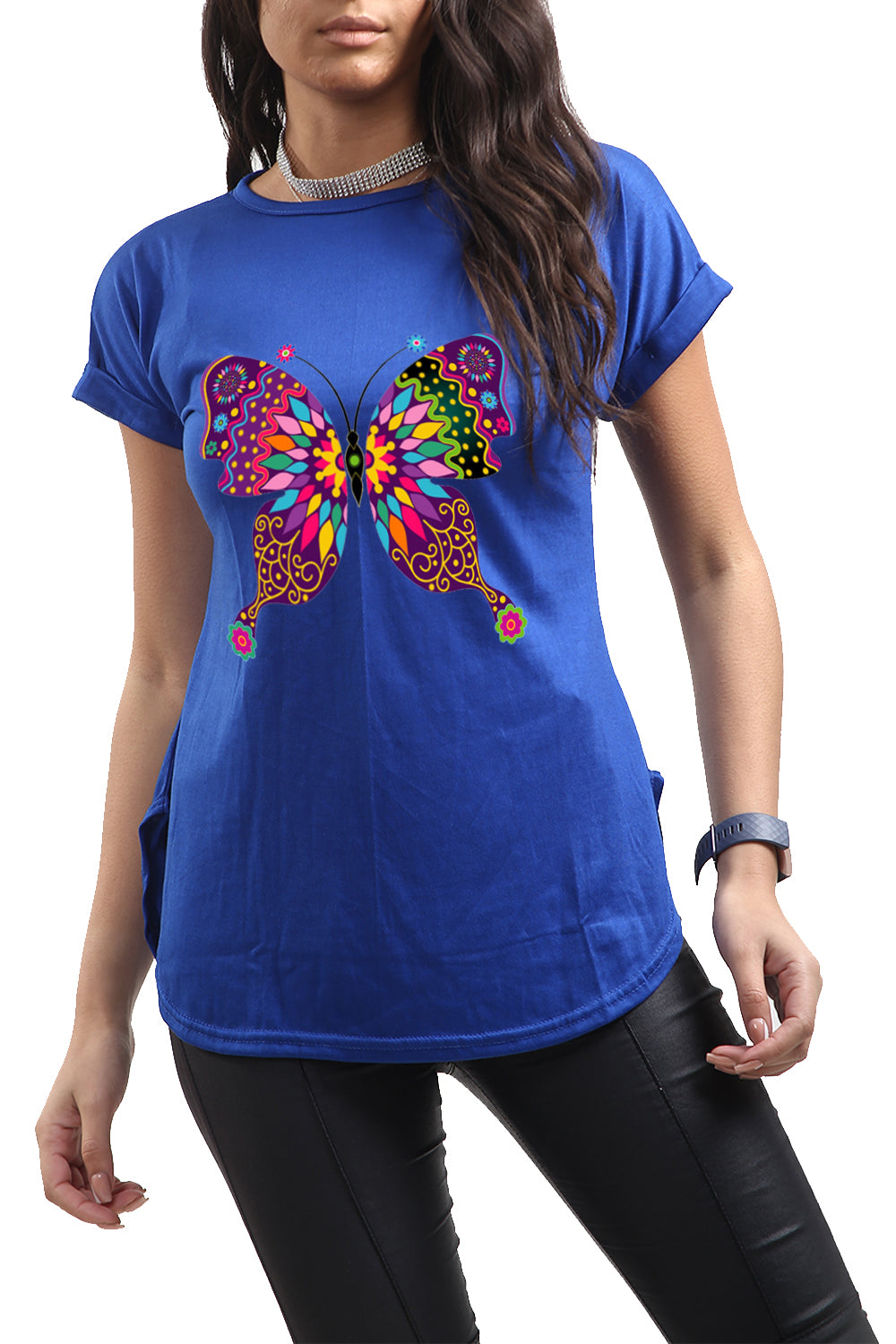 Lisa Multi Color Butterfly Curved Hem Basic Top