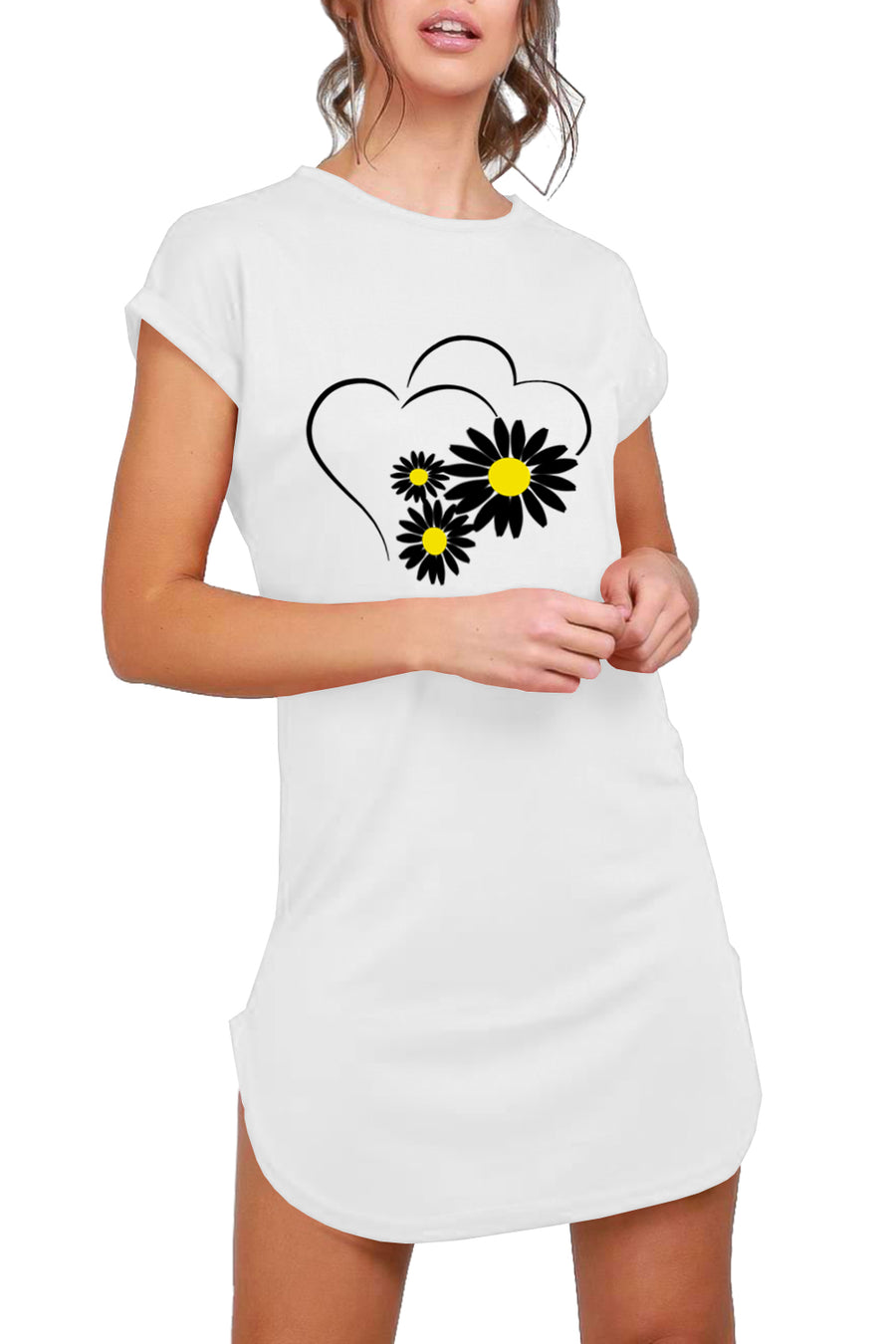 Rhea Two Heart Floral Curved Hem T Shirt Dress