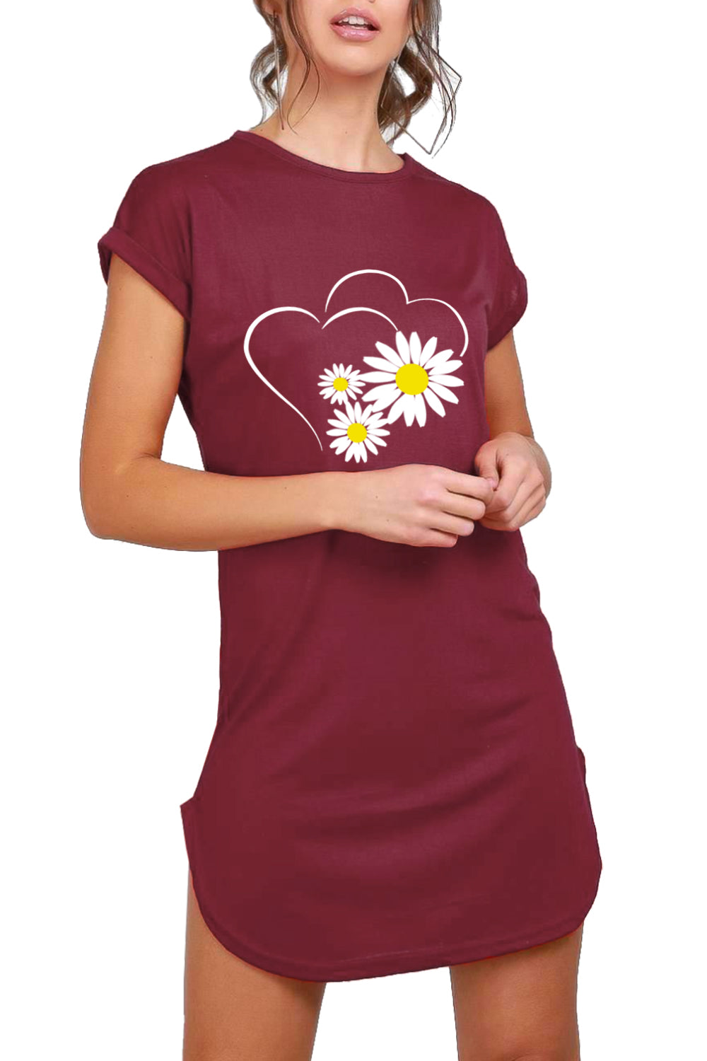 Rhea Two Heart Floral Curved Hem T Shirt Dress