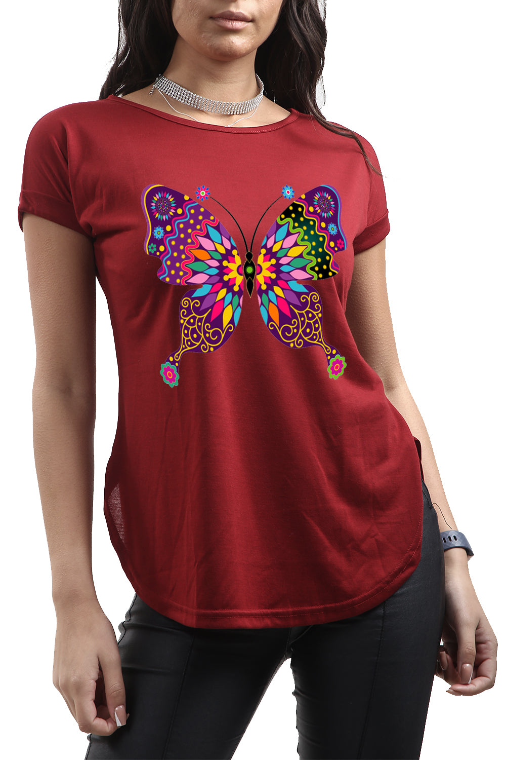 Lisa Multi Color Butterfly Curved Hem Basic Top
