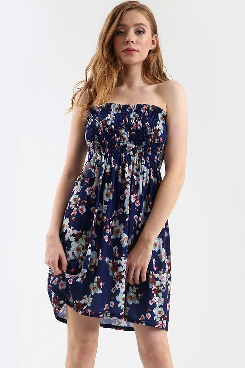 Red Tropical Print Shirring Bandeau Mini Dress - bejealous-com