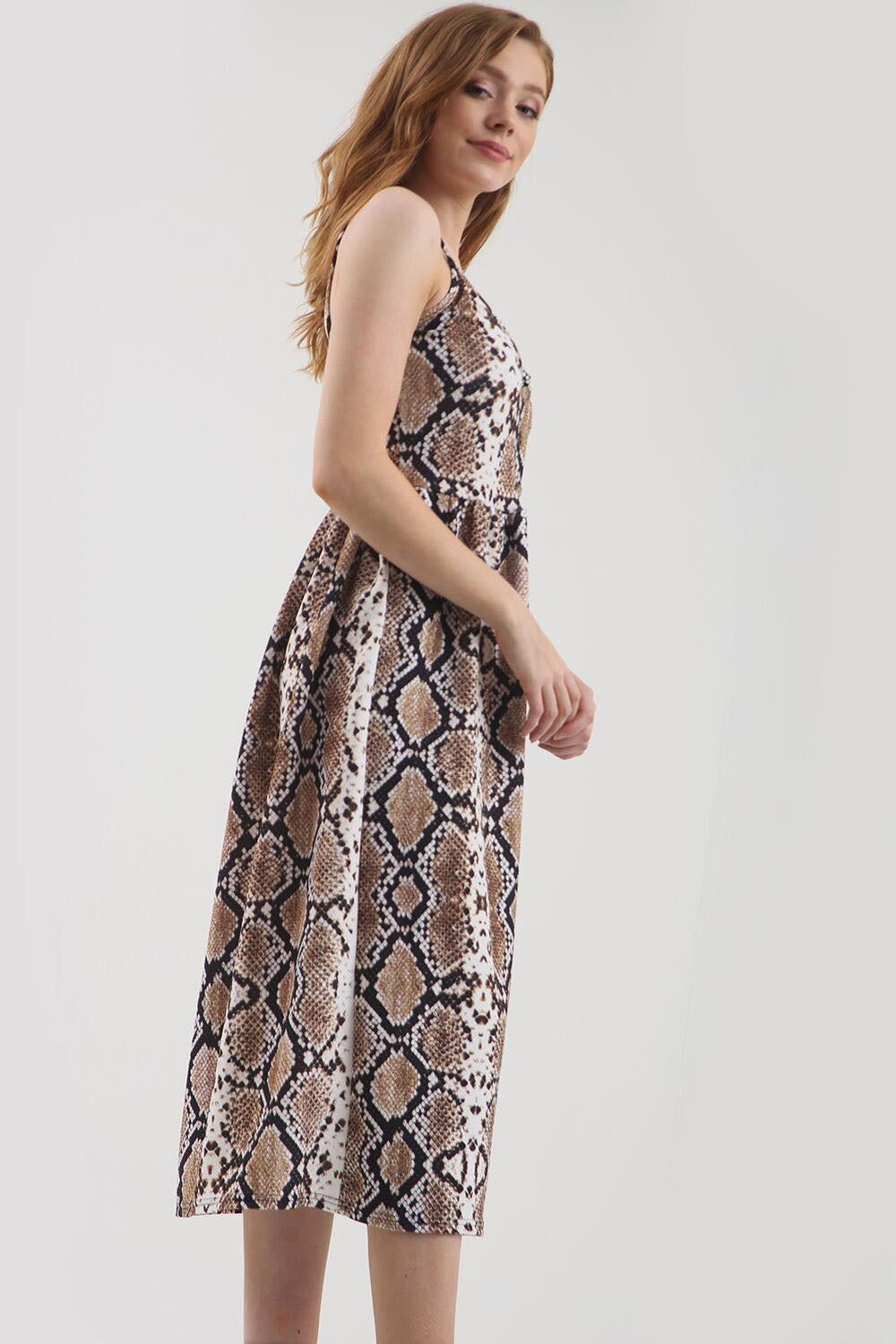 Strappy Button Embellished Snake Print Midi Dress - bejealous-com