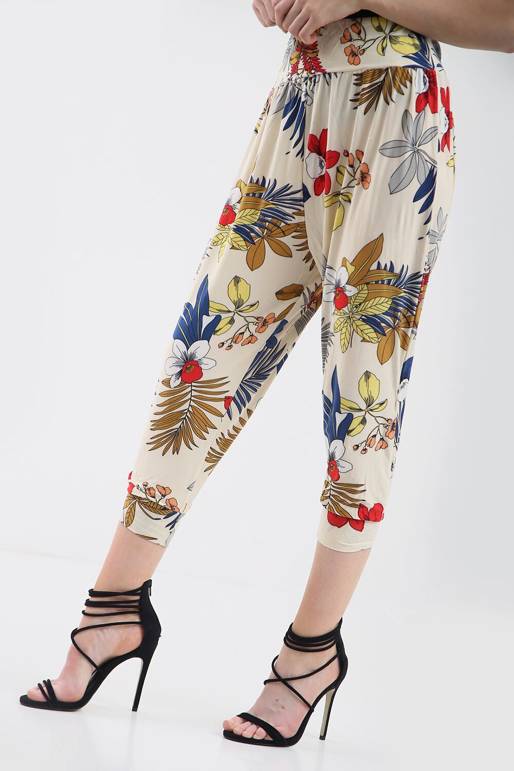 High Waist Red Floral Print Cuffed Leg Trousers - bejealous-com