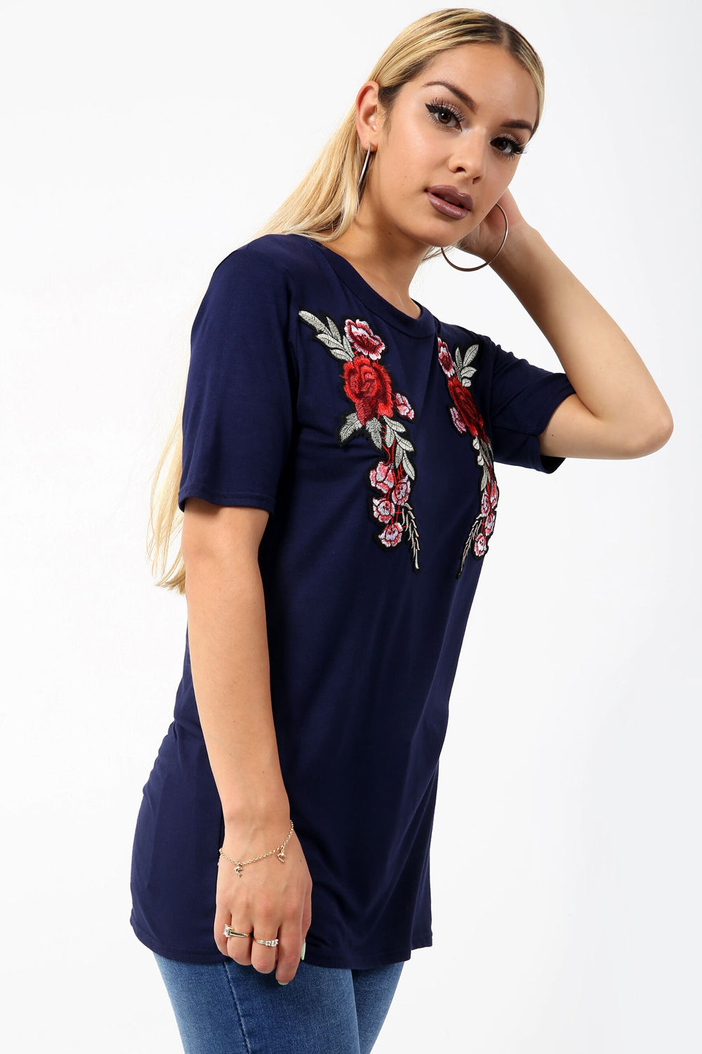 Navy Floral Rose Applique Baggy Tshirt - bejealous-com