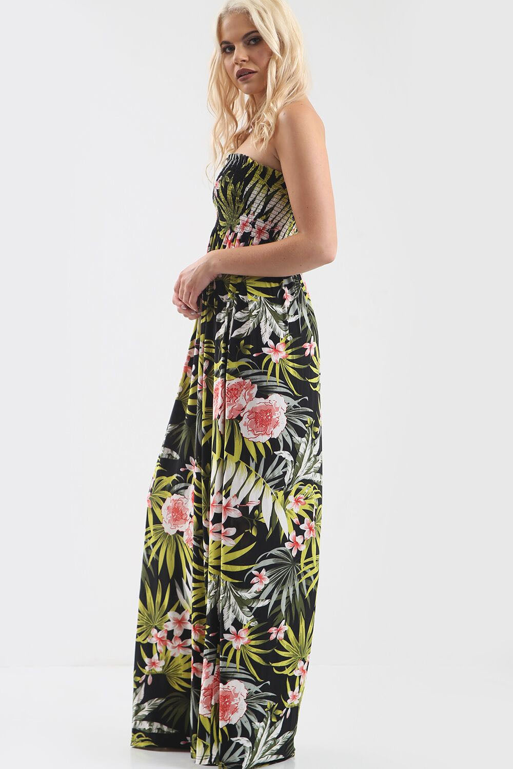 Green Leaf Tropical Print Strapless Maxi Dress - bejealous-com