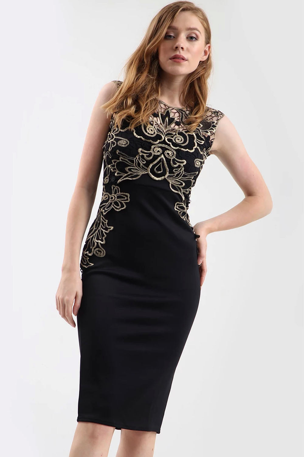 Gold Floral Lace Trim Black Midi Bodycon Dress - bejealous-com