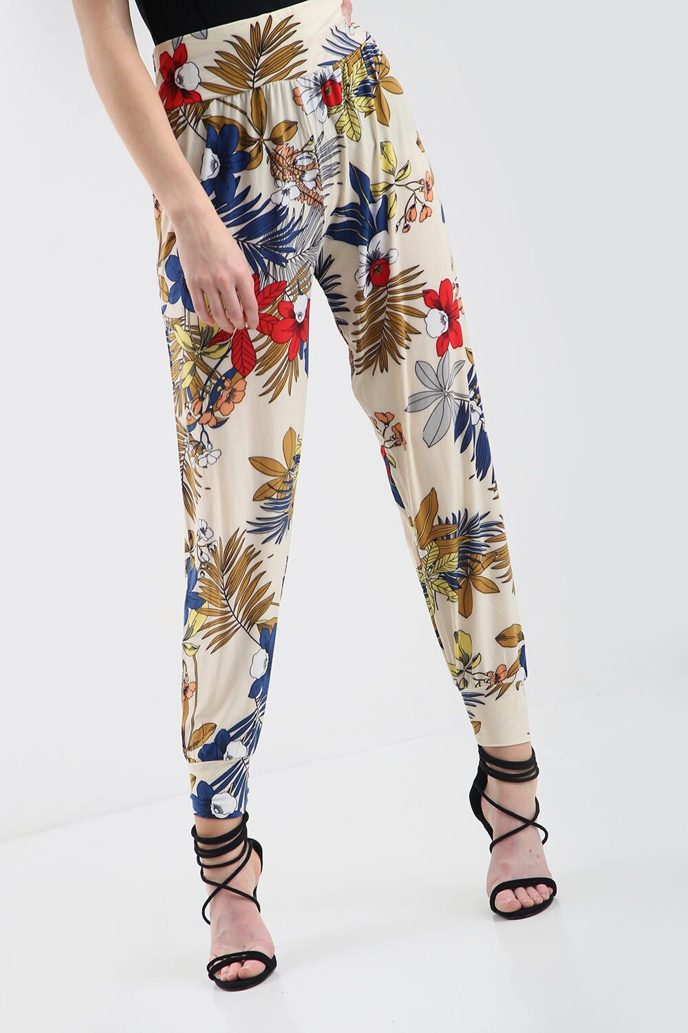 High Waist Slinky Harem Floral Print Cuffed Pants - bejealous-com