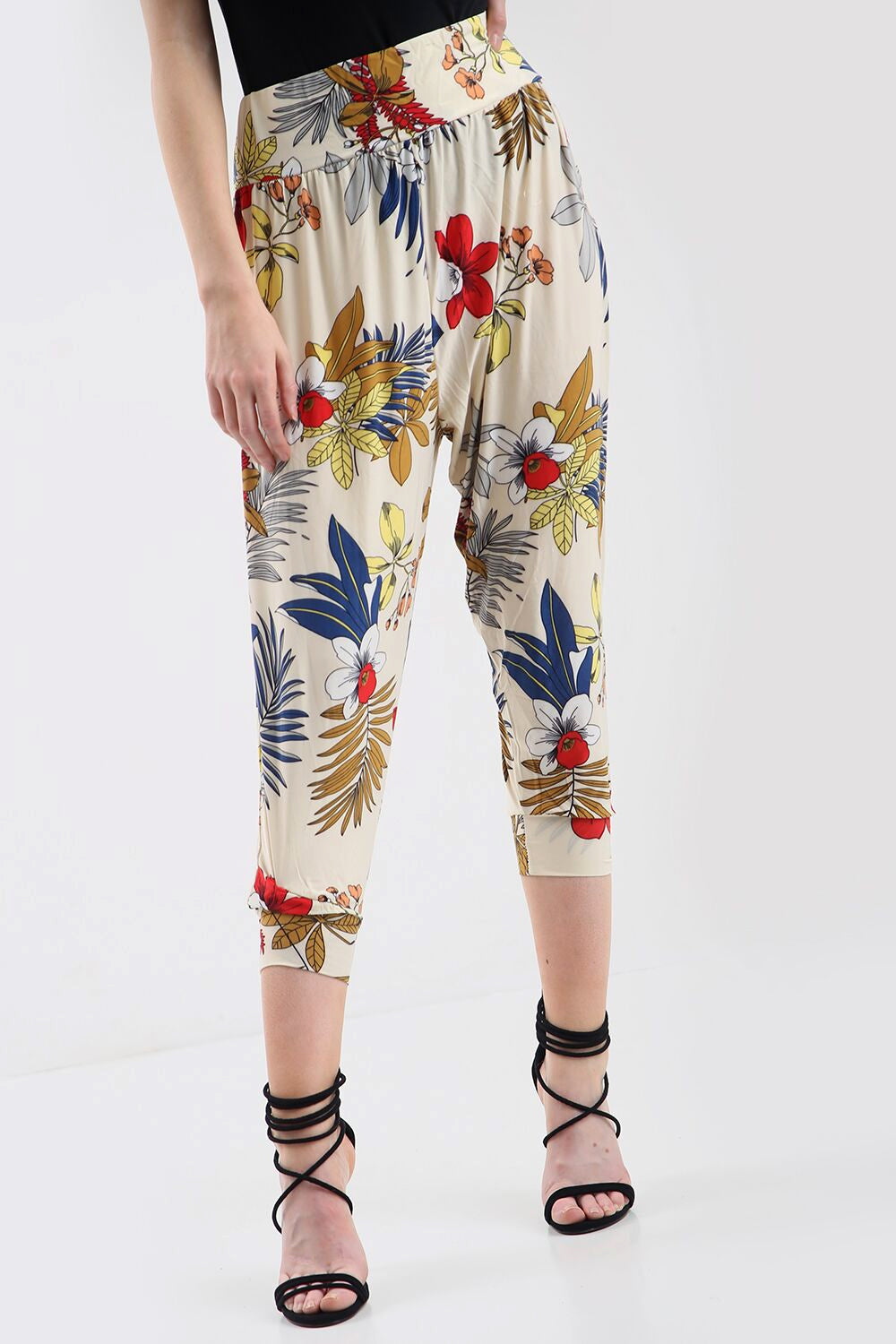 High Waist Red Floral Print Cuffed Leg Trousers - bejealous-com