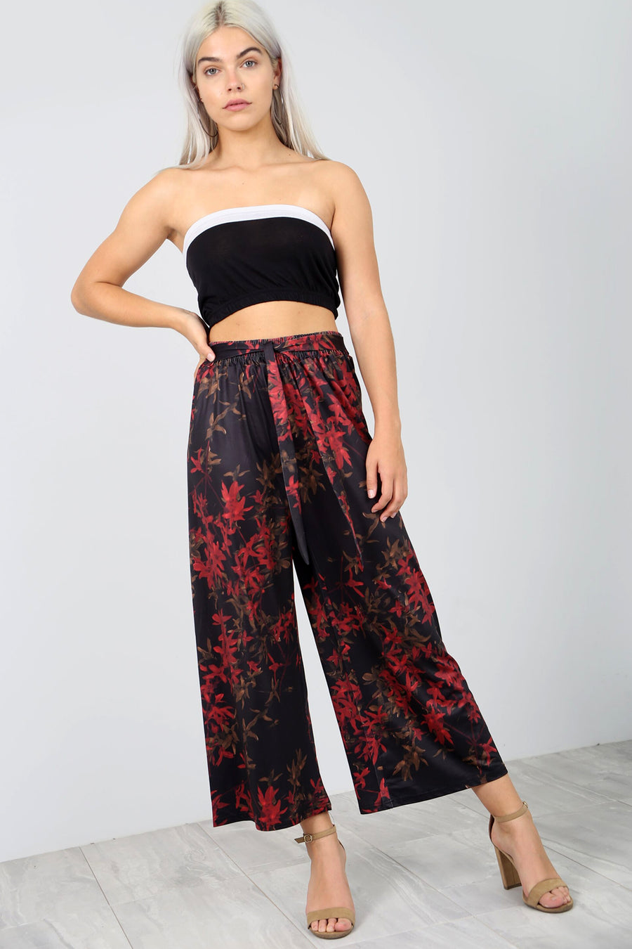 High Waist Red Floral Print Culotte Trousers - bejealous-com