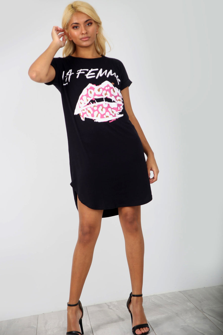 La Femme Slogan Curved Hem Tshirt Dress in Black - bejealous-com