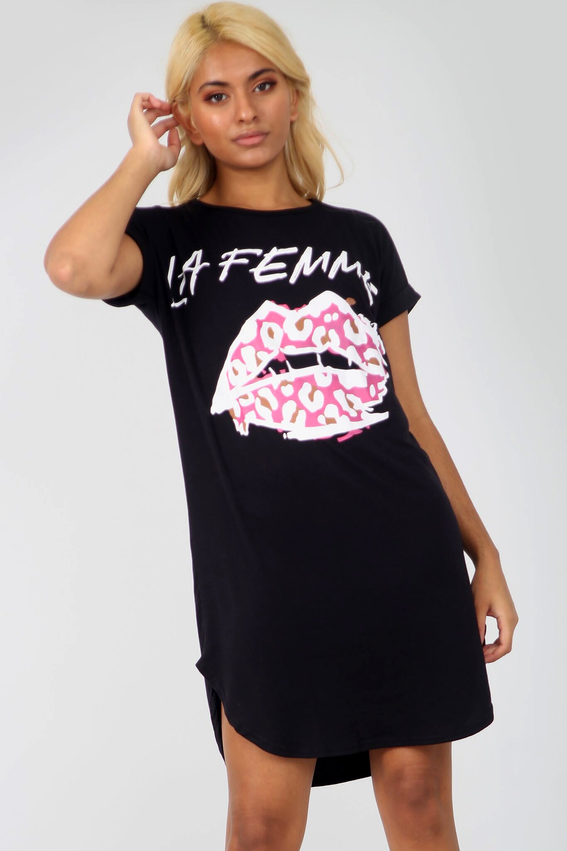 La Femme Slogan Curved Hem Tshirt Dress in White - bejealous-com
