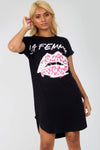 La Femme Slogan Curved Hem Tshirt Dress in Black - bejealous-com