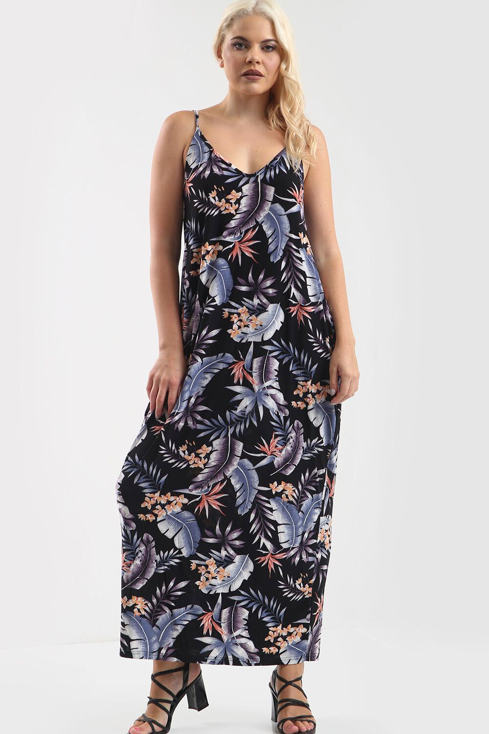 Blue Tropical Floral Print Loose Fit Maxi Dress - bejealous-com