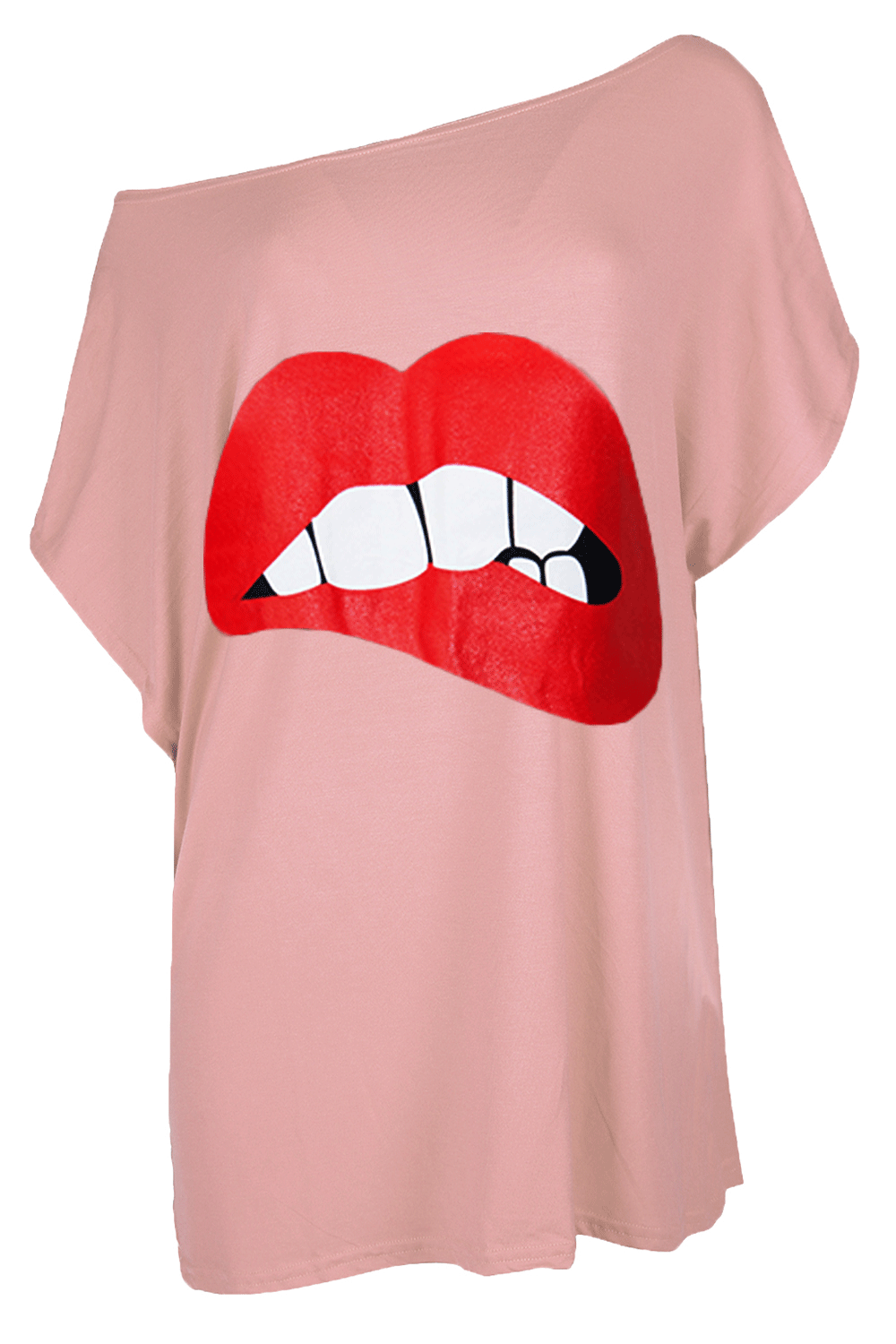 Graphic Print Lips Oversize Black Bat Wing Tshirt