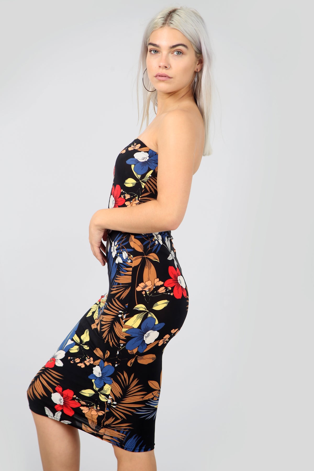 Bandeau Red Floral Print Midi Tube Dress