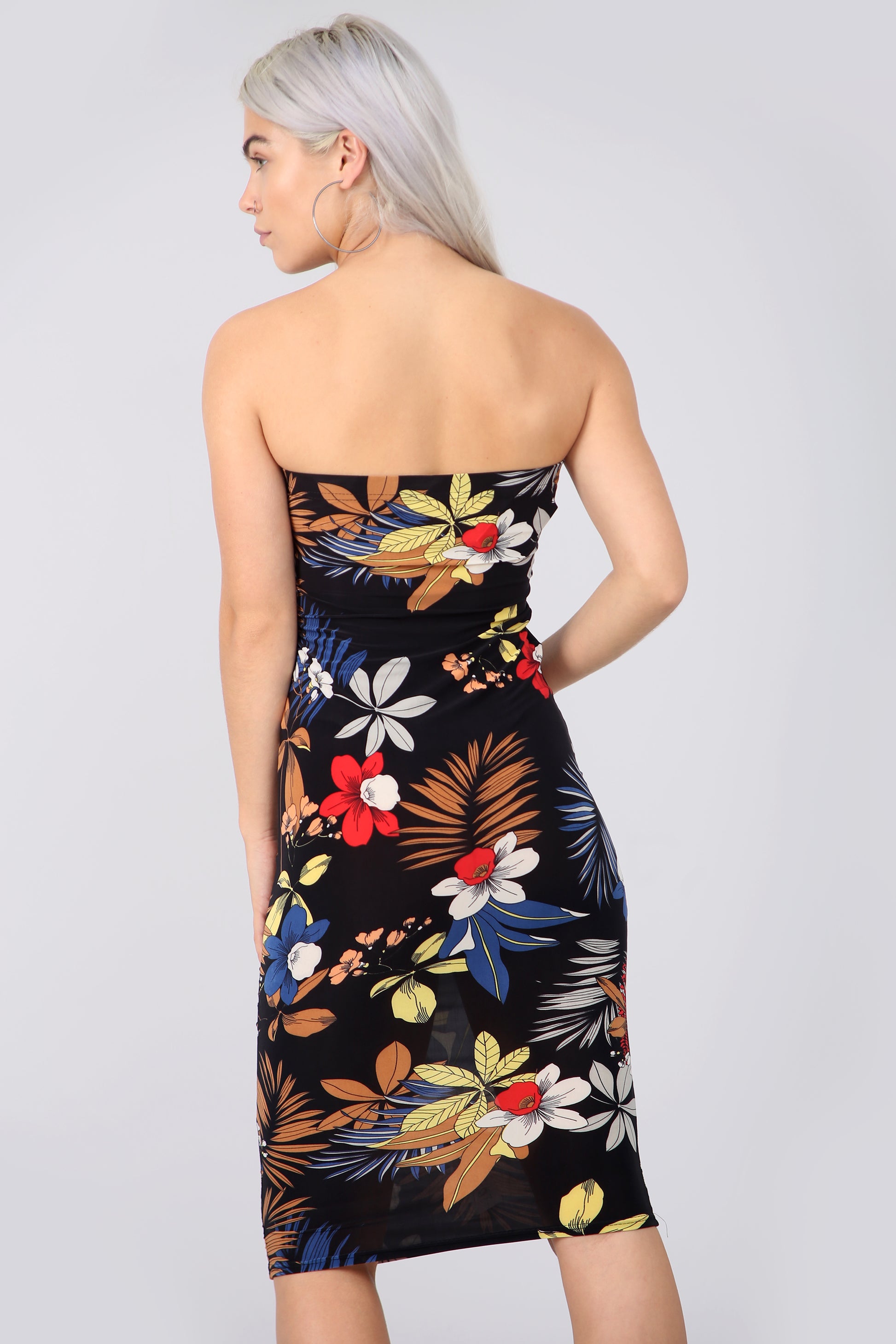 Bandeau Red Floral Print Midi Tube Dress