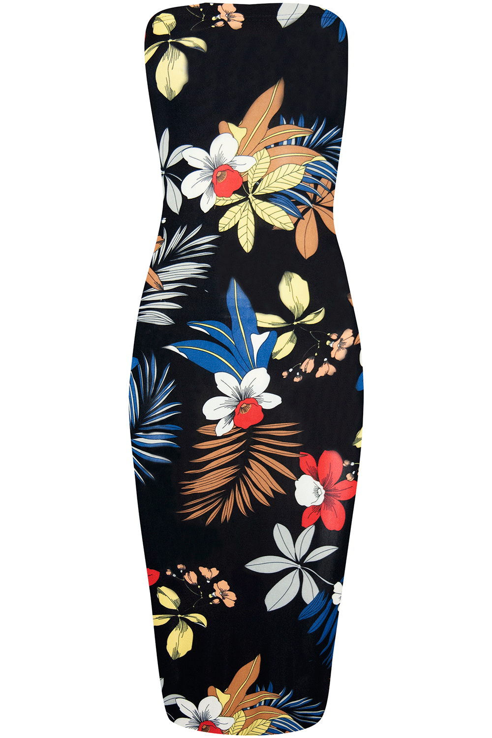 Bandeau Red Floral Print Midi Tube Dress