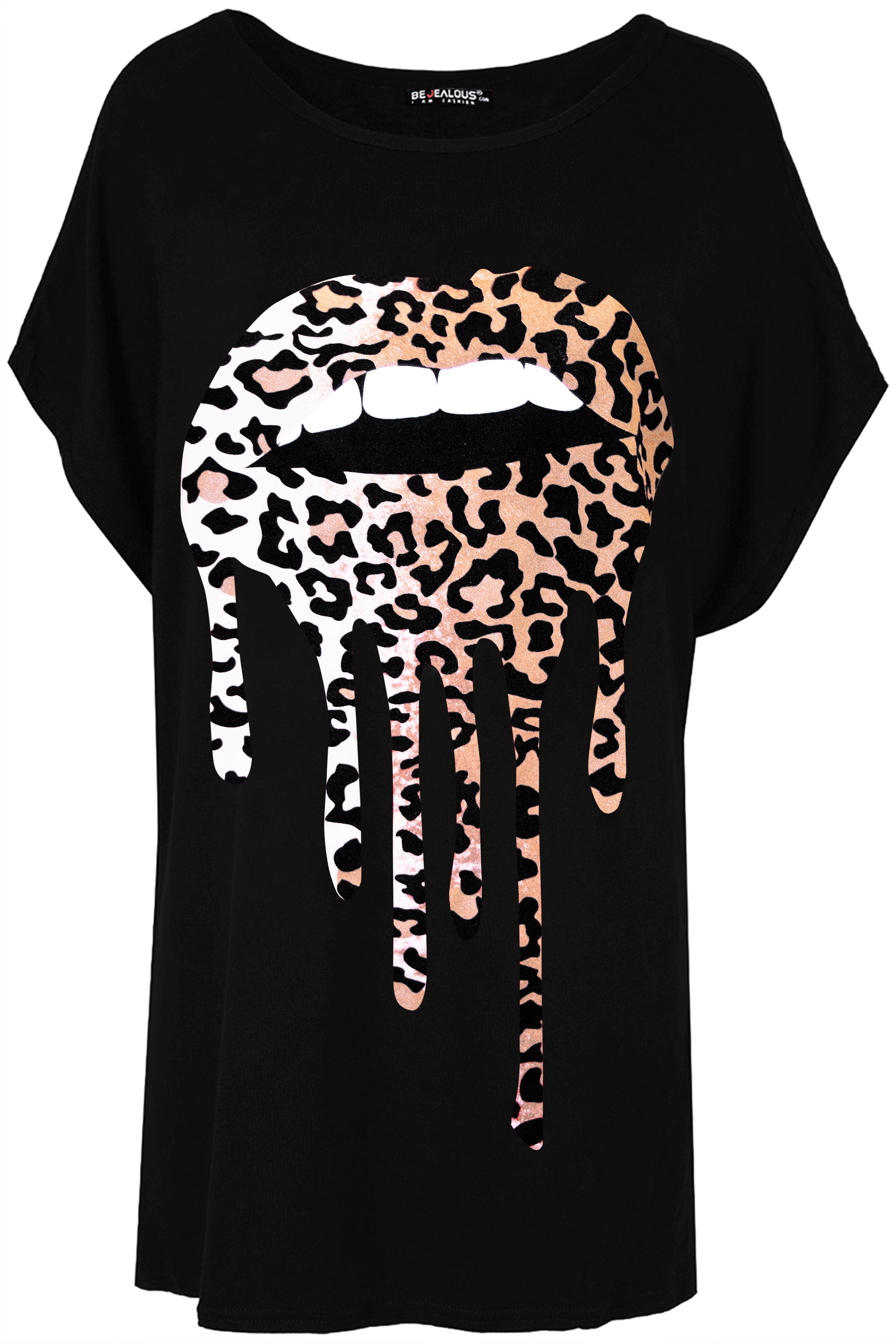 Leopard Animal Lips Printed Batwing Oversized T Shirt