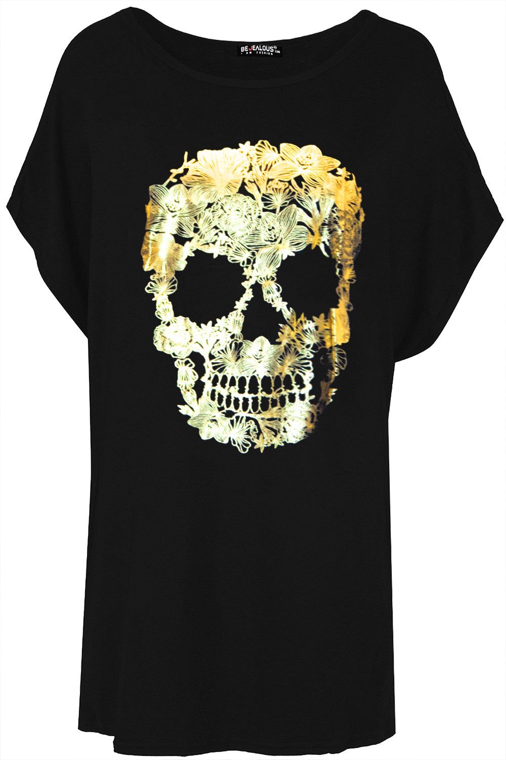 Lily Gold Foil Floral Skull Batwing Baggy Top