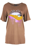 Lily Glitter Biting Leopard Lips Printed Baggy Oversized T Shirt