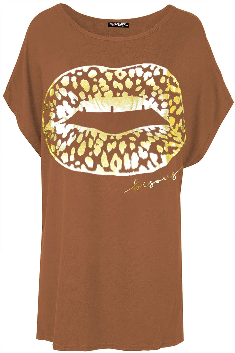 Lips Gold Foil Printed Batwing Oversized T Shirt