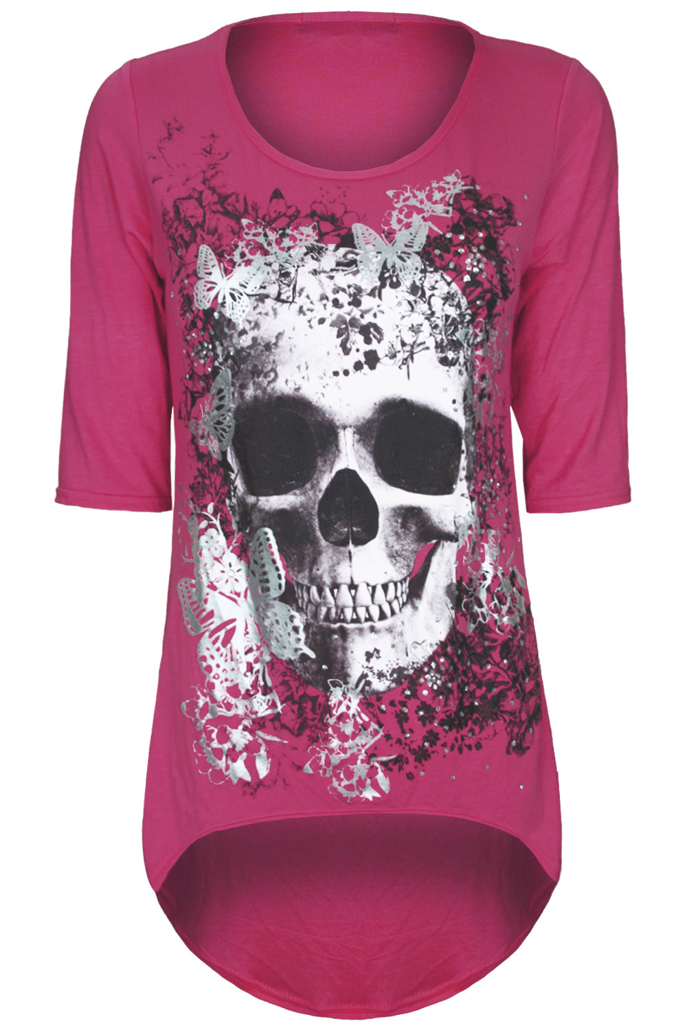 Cropped Sleeve Skull Print Curve Hem Top