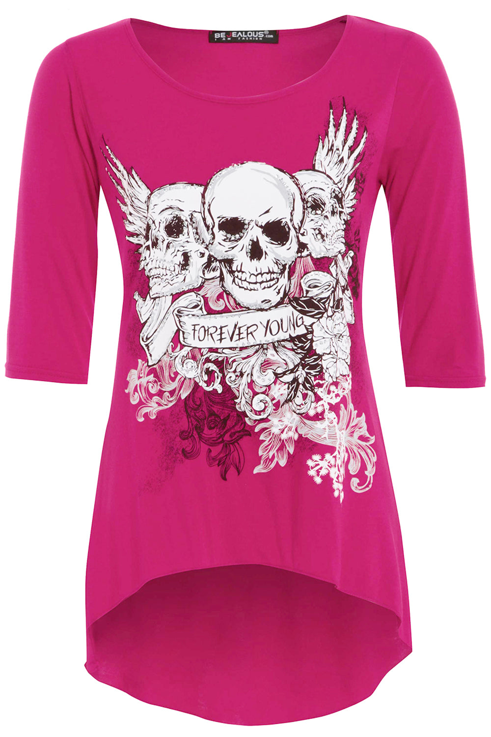 Cropped Sleeve Skull Print Curve Hem Tshirt