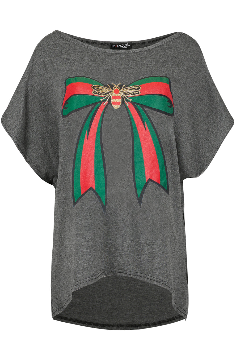 Graphic Print Bow Bat Wing Oversize Black Tshirt - bejealous-com
