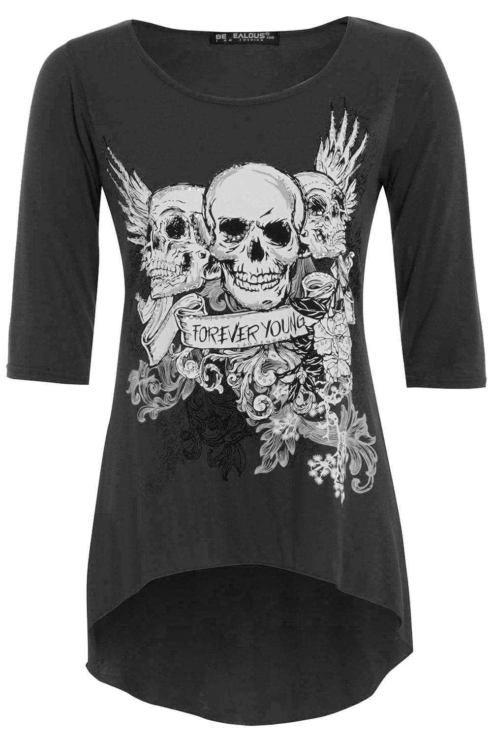 Cropped Sleeve Skull Print Curve Hem Tshirt