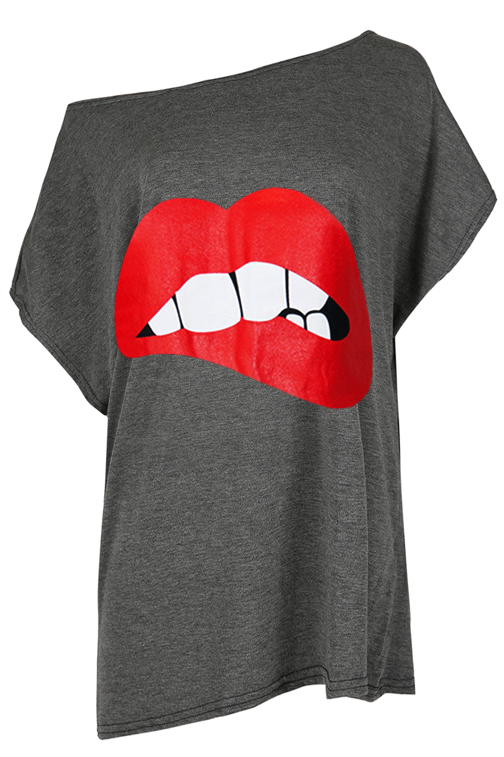 Graphic Print Lips Oversize Black Bat Wing Tshirt