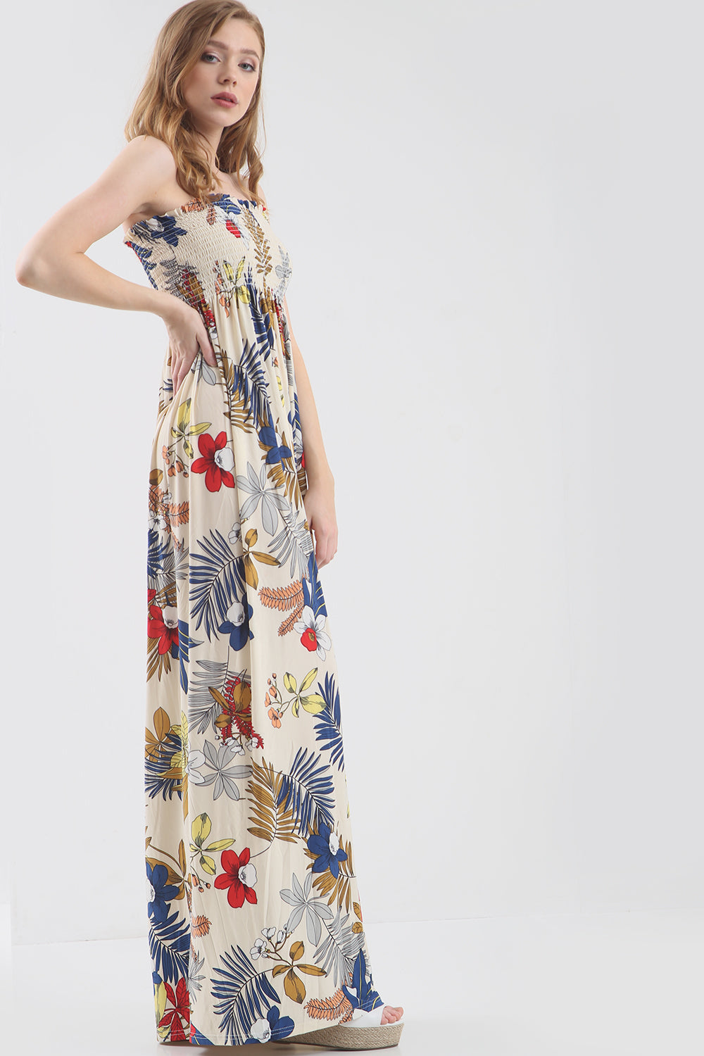 Tropical Print Bardot Black Maxi Dress