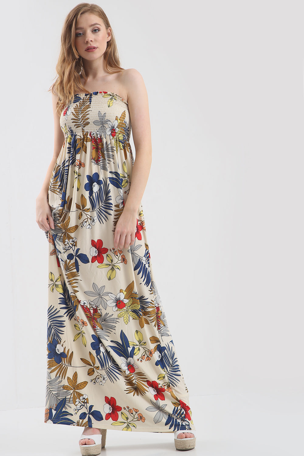 Tropical Print Bardot Black Maxi Dress