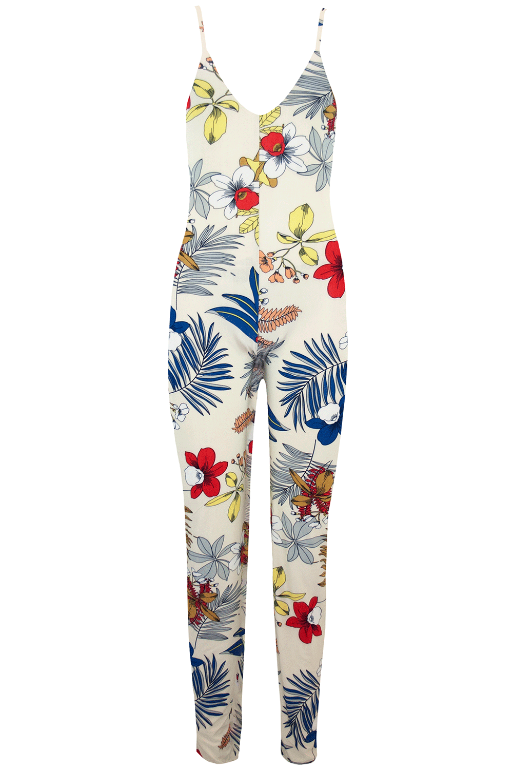 Strappy Blue Tropical Print Slim Leg Lycra Jumpsuit