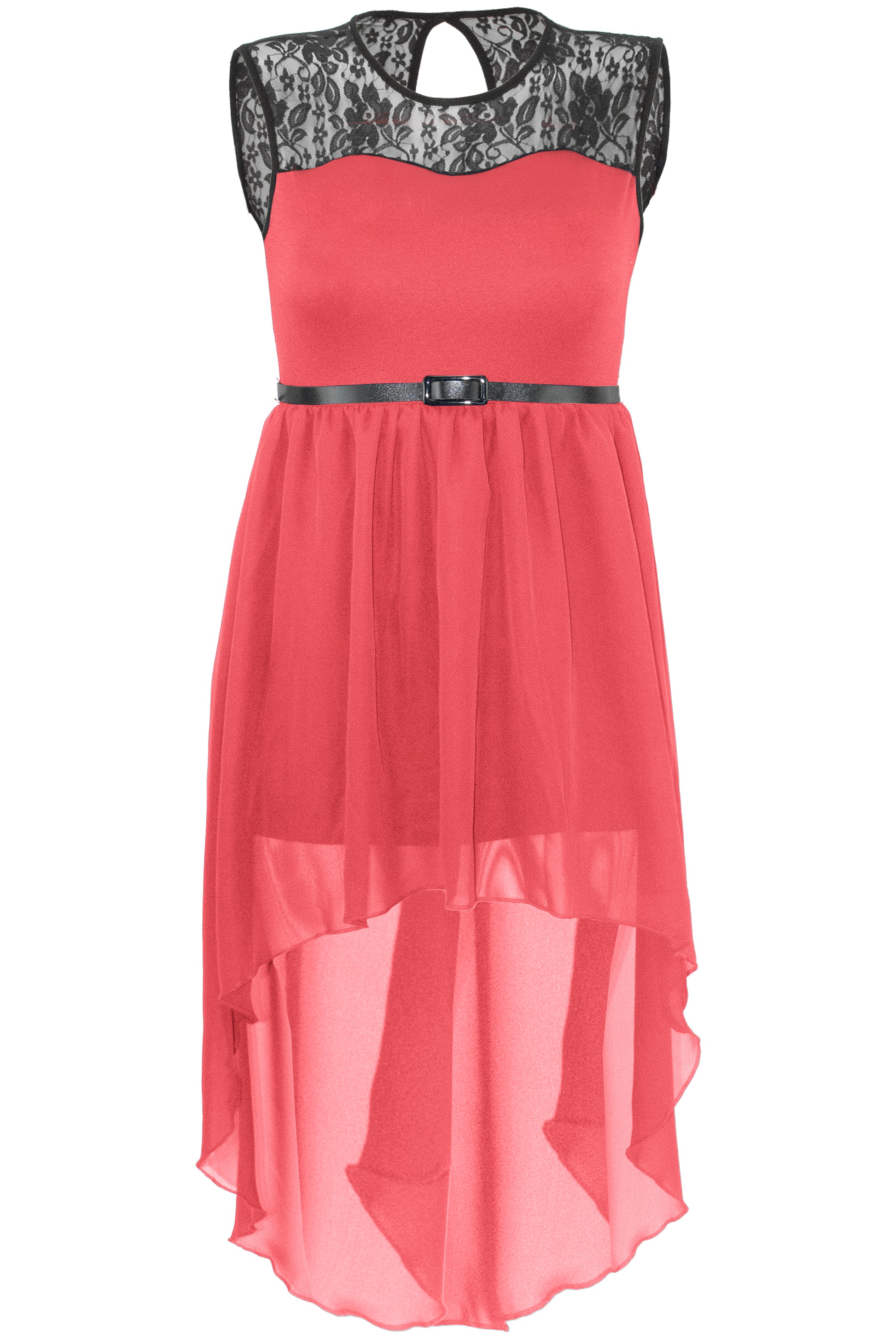 Dipped Hem Lace Insert Chiffon Midi Dress