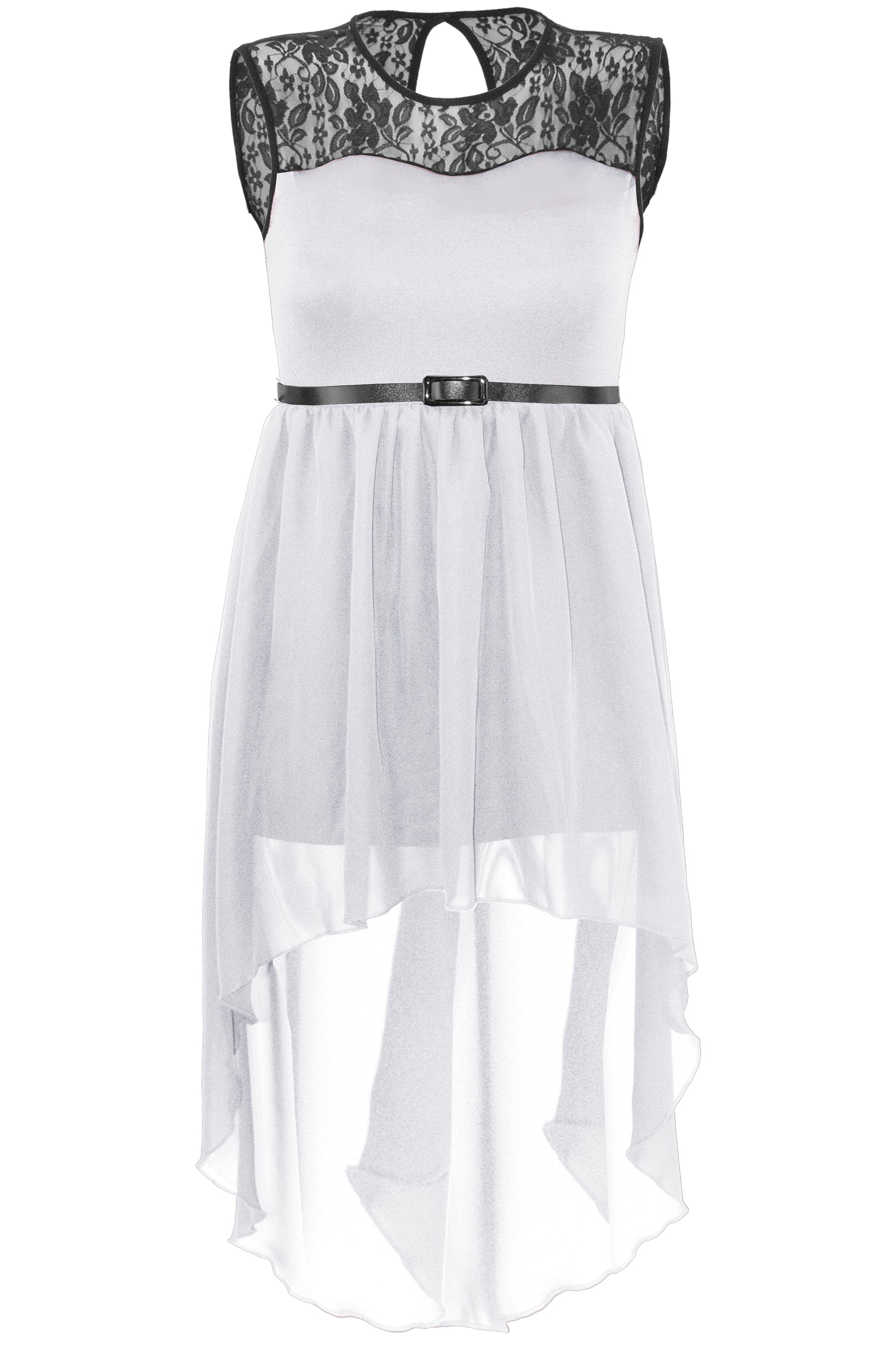 Dipped Hem Lace Insert Chiffon Midi Dress