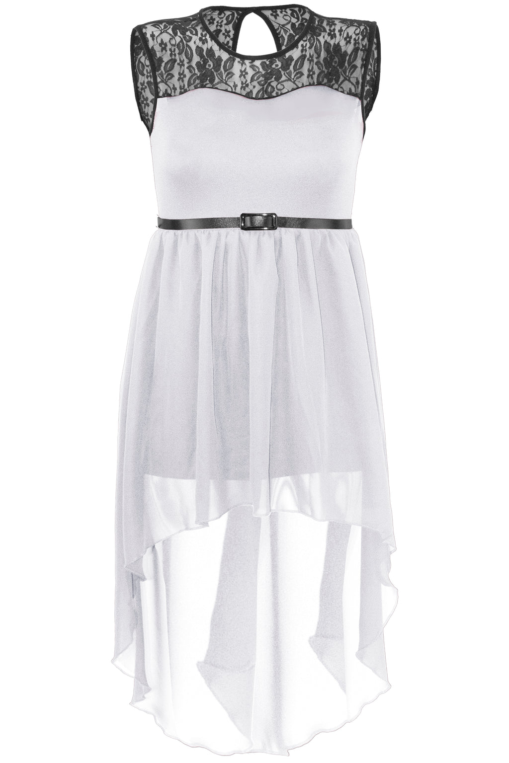 Dipped Hem Lace Insert Chiffon Midi Dress