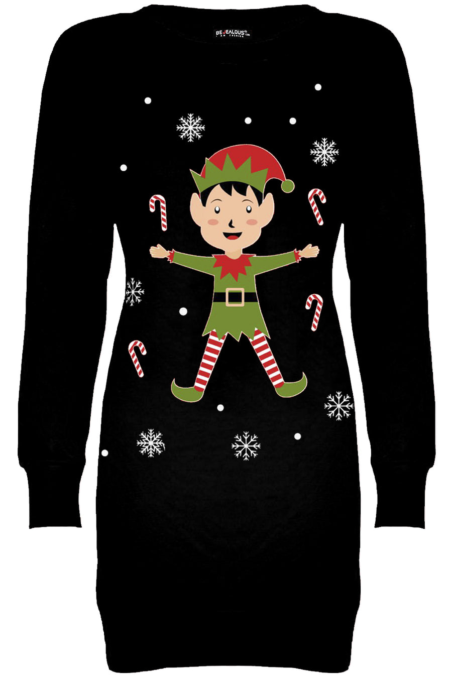 Long Sleeve Xmas Elf Print Jumper Dress - bejealous-com