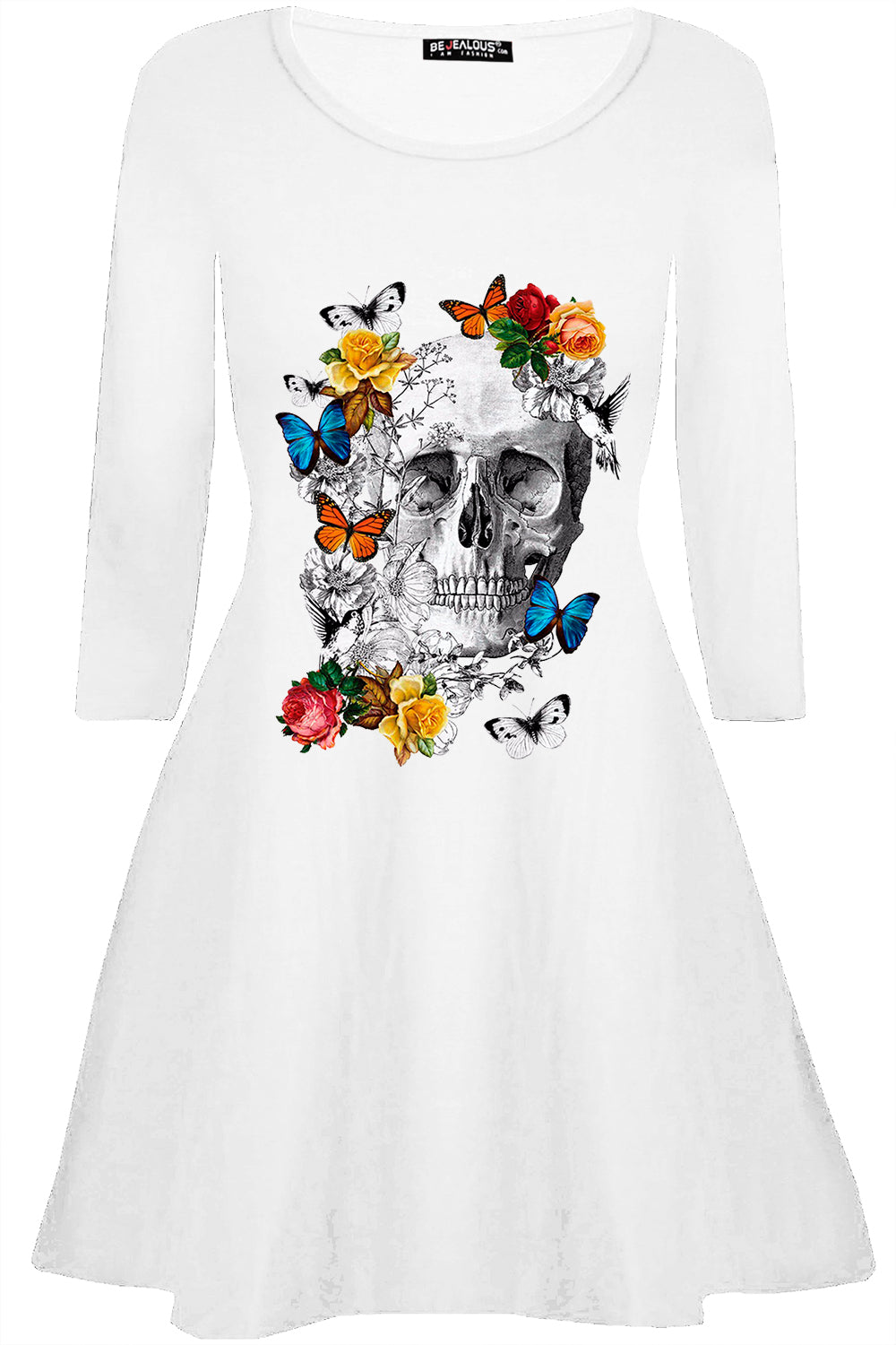 Long Sleeve Floral Skull Print Swing Dress