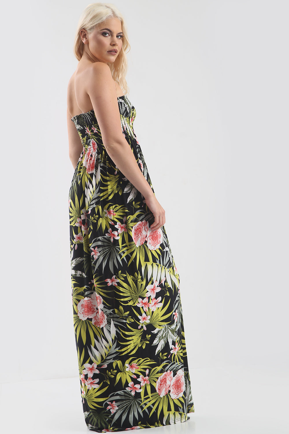 Tropical Print Bardot Black Maxi Dress